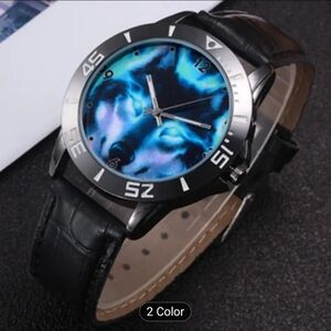 Black Leather Strap Watch with Blue Wolf Dial